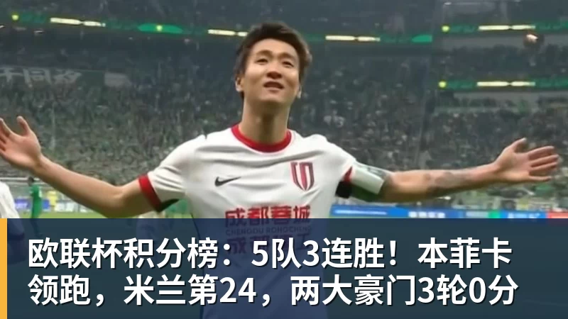 欧联杯积分榜：5队3连胜！本菲卡领跑，米兰第24，两大豪门3轮0分